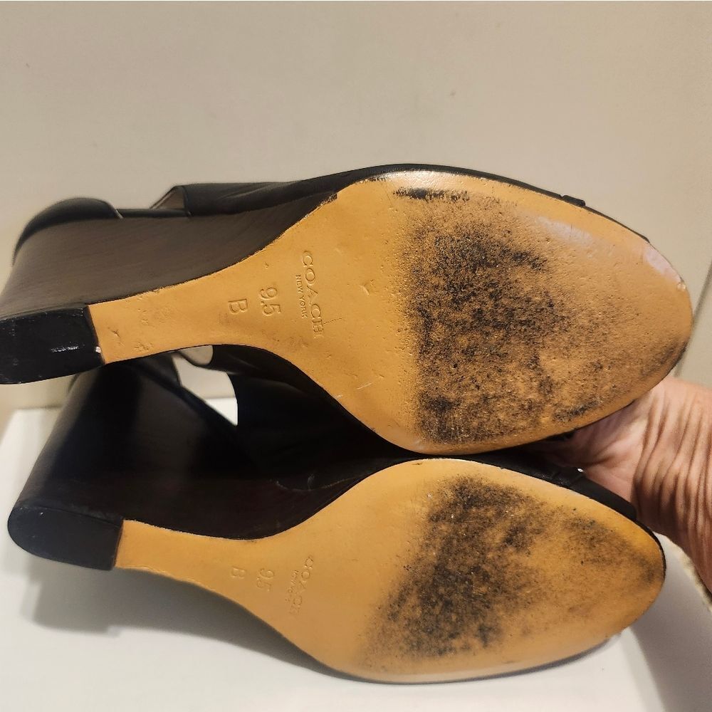 Coach NY "Larchmont" Black Leather Wedge Heel Peep Toe Logo Pumps Sz.9.5 $178 - Picture 7 of 8